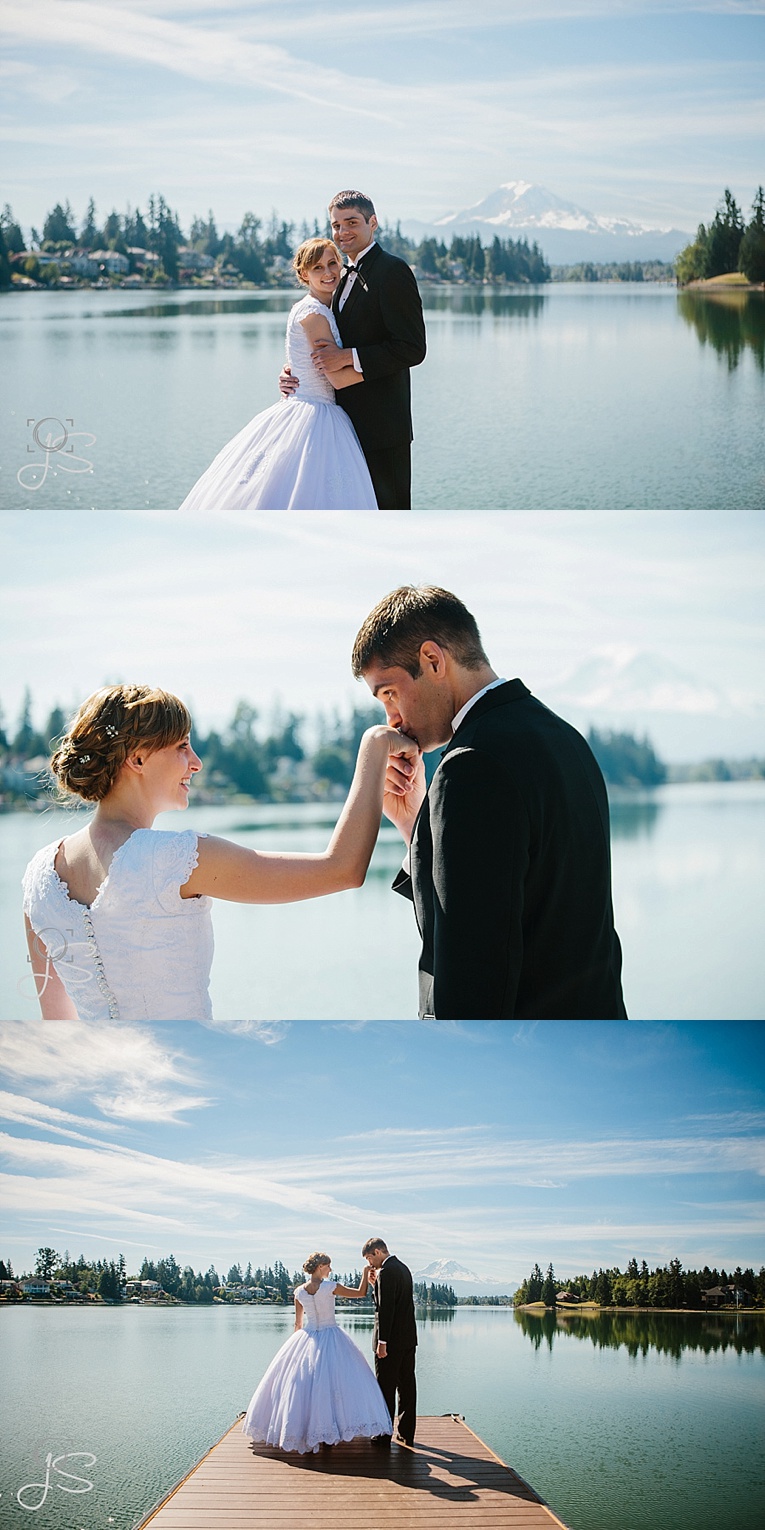 A Lake Tapps Wedding with stunning views of Mount Rainier in the back ground with the bride and groom wedding photos by Jenny Storment Photography