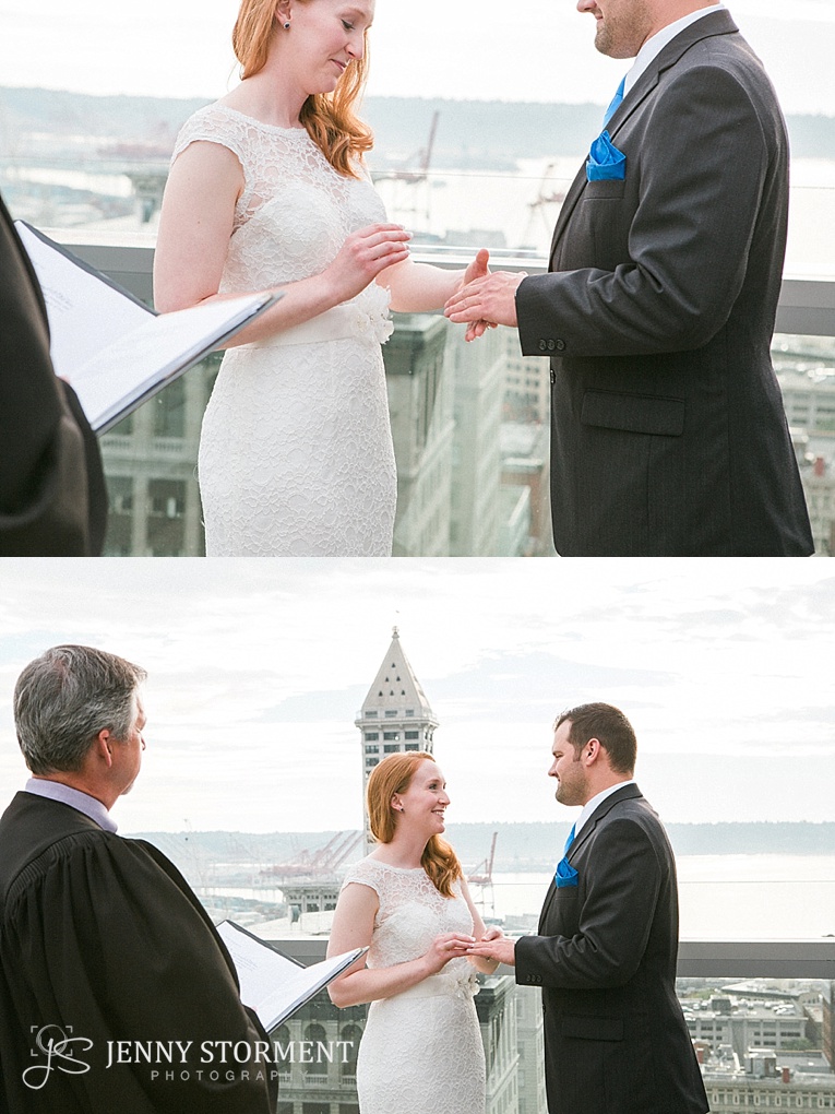 Seattle Rooftop wedding ceremony, Downtown Seattle destination wedding at the Seattle Municipal Courthouse wedding by Jenny Storment Photography a Seattle Wedding Photographer