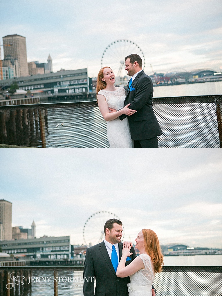 Seattle waterfront bride and groom photos, Downtown Seattle destination wedding at the Seattle Municipal Courthouse wedding by Jenny Storment Photography a Seattle Wedding Photographer